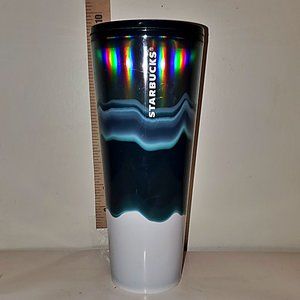 Starbucks 2021 Holiday Silver Dark Green White Wave Tumbler 24 oz